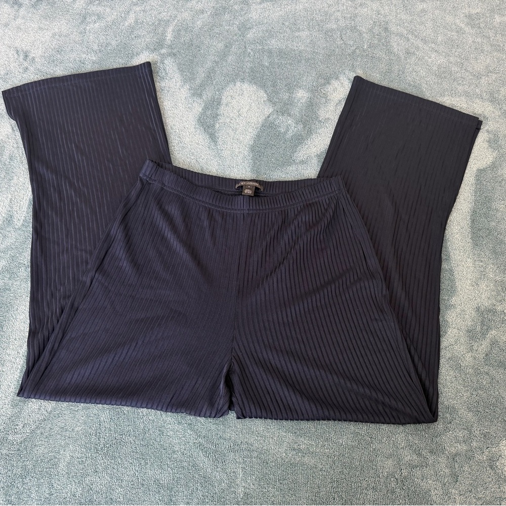 St. John Women's Wide Leg Flared Ribbed Pull On Pants Viscose Navy Blue Size M